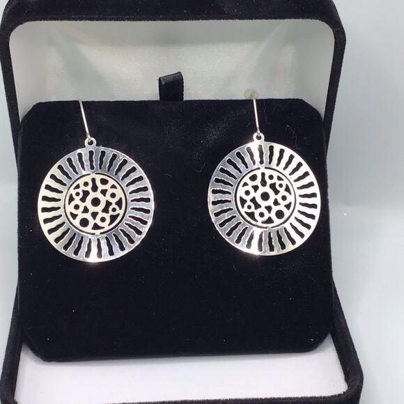 Sterling Silver Sunburst Cutout Dangle Earrings Hook 5.6g Statement Boho - Picture 8 of 13